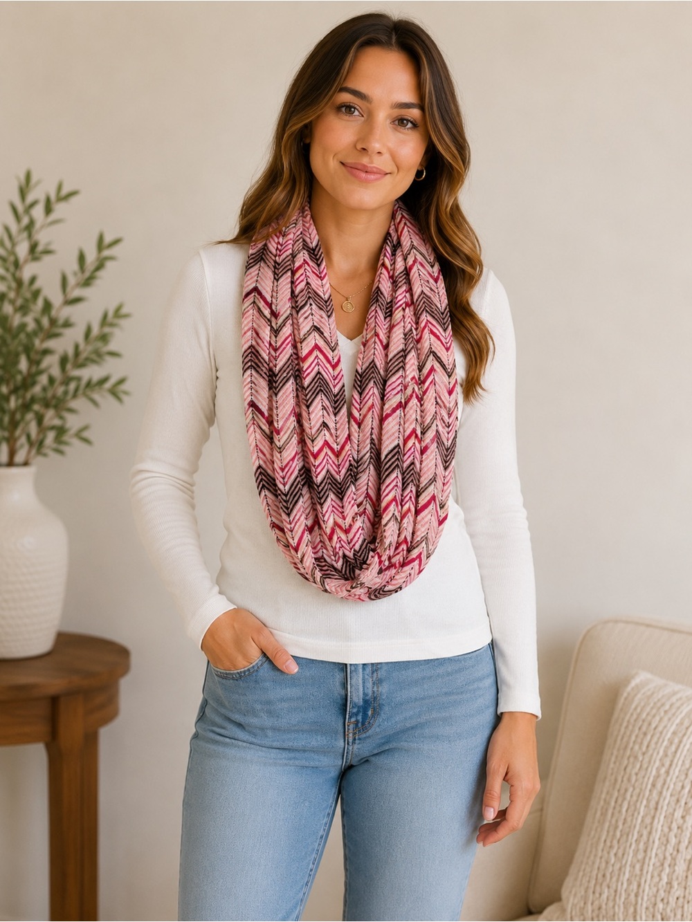 Pink Chevron Infinity Scarf | Lightweight Boho Loop Scarf